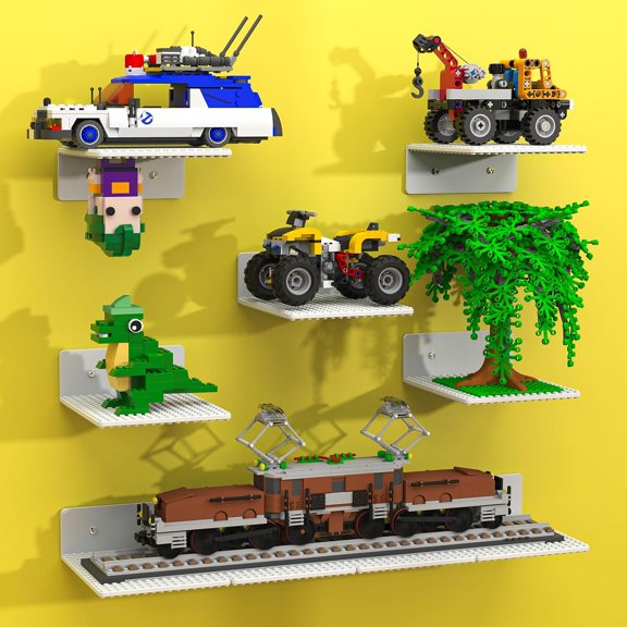 9-Pack Floating Shelves for Wall Compatible with Lego Building Bricks, 5x5.5inch Dual‑Sided 16x17 Studs for Toy Brick Storage and Display, ABS Display Shelves for Room Decor, White
