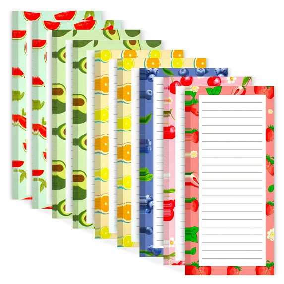 9 Pack Fruit Design Magnetic Grocery List Pads for Fridge - Strong Full Magnet Back, 25 Sheets Per Pad