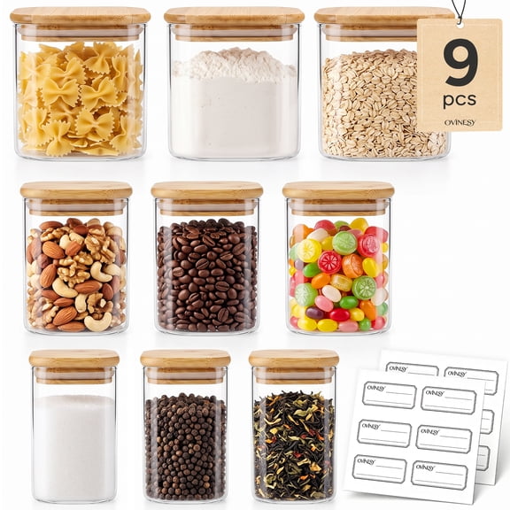 9 Pack Glass Jars with Bamboo Lids, Airtight Food Storage Containers for Pantry Organization, Flour Sugar Storage Container, Coffee, Cereal, Candy Jar with Labels, Square