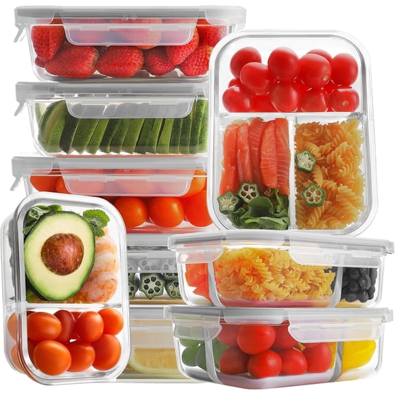 9 Pack Glass Meal Prep Containers - 3, 2 & 1 Compartment Glass Storage Containers with , Airtight & Leak Proof Lunch Bento Boxes - Grey