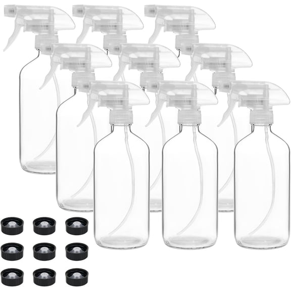 9 Pack Glass Spray Bottles, 16oz Empty Clear Boston Round Bottles Refillable Container with Trigger Sprayer for Cleaning Solutions, Essential Oils, Misting Plants