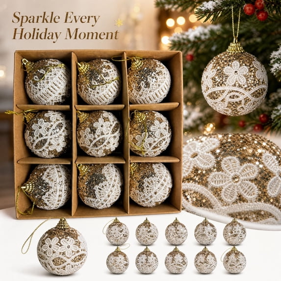 9 Pack Gold Christmas Ornaments with White Lace Design, Festive Tree Decor for Holiday Parties, Christmas Decorations Set
