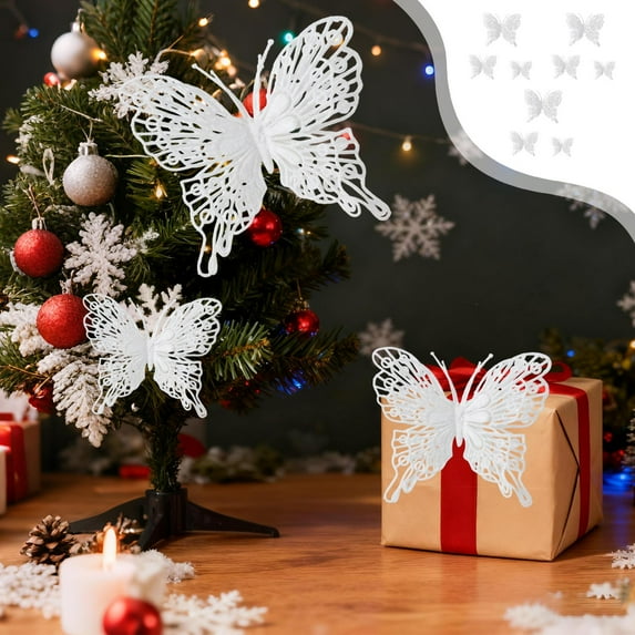 9-Pack Gold Powder Butterfly Christmas Ornaments - Festive Tree & Wedding Decorations, Sparkling Butterfly Photography Props for Holiday Displays