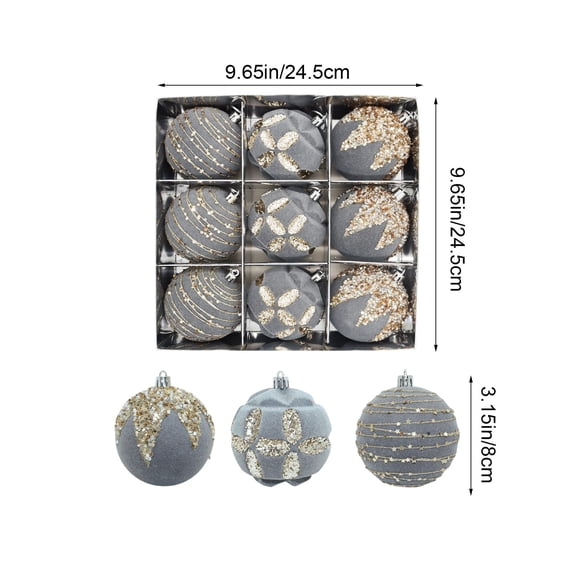 9 Pack Gray Flocked Velvet Christmas Ball Ornaments,3.15 Inch Gold Glitter Star Floral Hanging Baubles,Assorted Luxury Suede Balls for Christmas Tree,Winter Holiday Xmas Home Party Decor