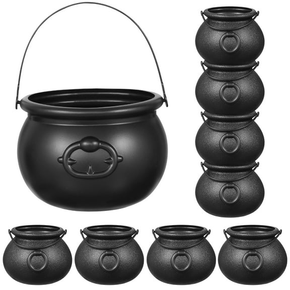 9-Pack Halloween Cauldrons - 4" Black Plastic Candy Buckets for Party Favors