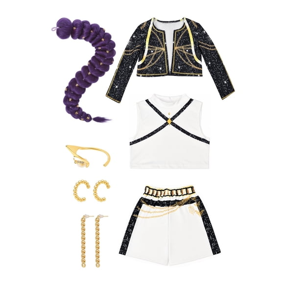 9 Pack Halloween Costumes Pop Star Idol, Top, Jacket, Shorts, Earrings and Wig Outfit, Full Dress-Up Apparel for Anime Singer Stage Performance
