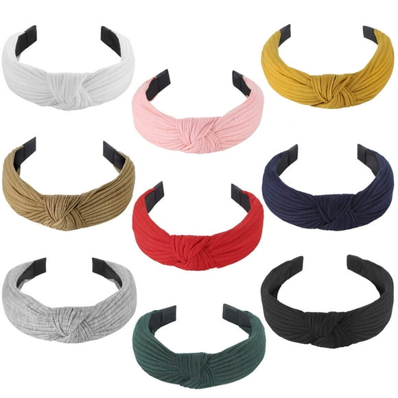 9 Pack Knotted Headbands for Women Girls, Wide Plain Turban Headband Fashion Cross Knot Hair Bands with Solid Colors