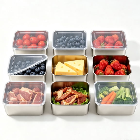 9 Pack Leakproof Stainless Steel Fridge Storage Boxes With Transparent Covers, Stackable Meal Prep Containers For Raw Meat Seafood Fruit Vegetable Preservation