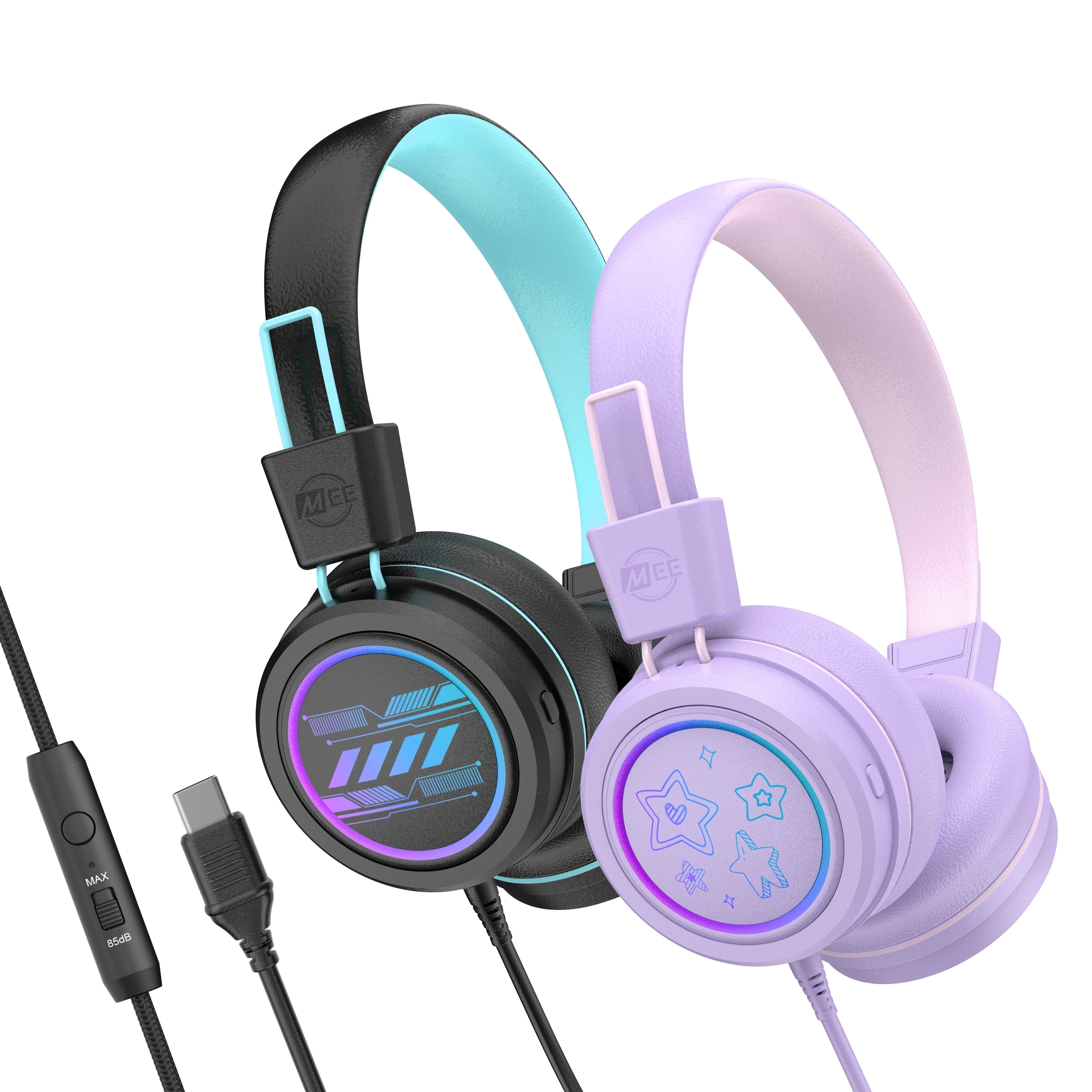 2 Pack Multicolor MEE audio KidJamz KJ55 Safe Listening USB-C Kids Headphones with LED Lights for Boys and Girls / Students / School / Library / Classroom