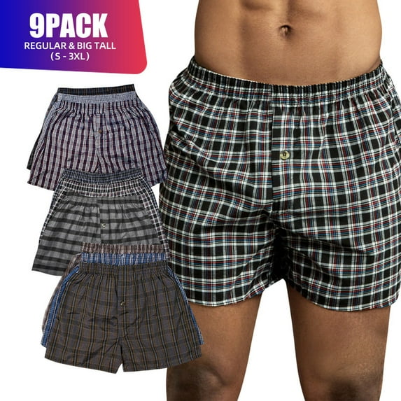 9 Pack Men's 100% Cotton Boxer Shorts Premium Cotton Random Mixed Color Pack Woven Relaxed Fit Underwear Elastic Waist Button Fly Pouch Menswear