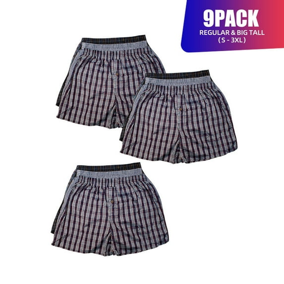 9 Pack Men's Cotton Blend Boxer Shorts Random Mixed Color Pack Woven Relaxed Fit Boxers for Men Soft Breathable Mens Underwear with Button Fly Pouch Elastic Waist Comfortable Fabric Menswear