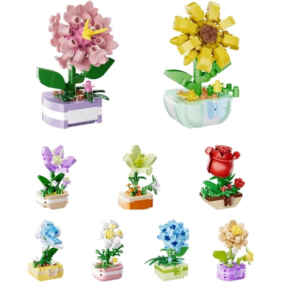 9 Pack Mini Plant Building Blocks Set for Adults - 100 Pcs Flower Botanical Collection Toys Home Office Decor Gift for Birthday Mothers Christmas Day