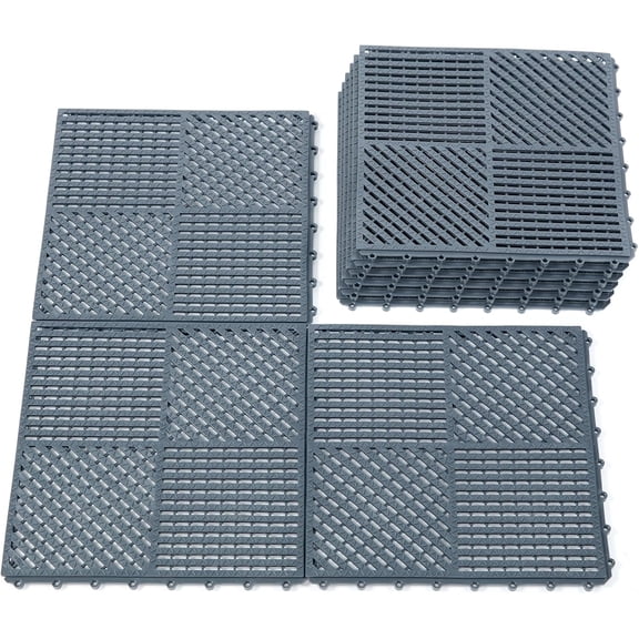 9 Pack Modular Interlocking Outdoor Shower Mat with Drain Holes for Bathroom, Shower, Laundry Room, Basement, Boat, 12" x 12" Dark Gray