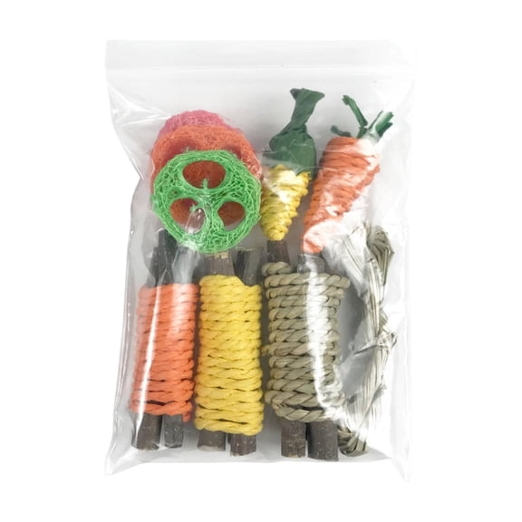 9 Pack Natural Wood Loofah Small Animal Chew Toy Set, Carrot Corn Shapes, for Rabbit Guinea Pig Hamster Teeth Grinding
