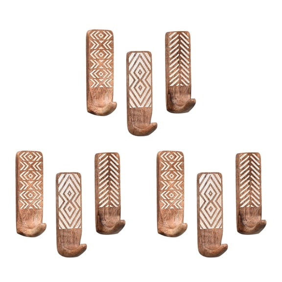 9 Pack Non-Destructive Wood Wall Hooks - Adhesive Wall Hooks - Boho Decorative Wall Hooks