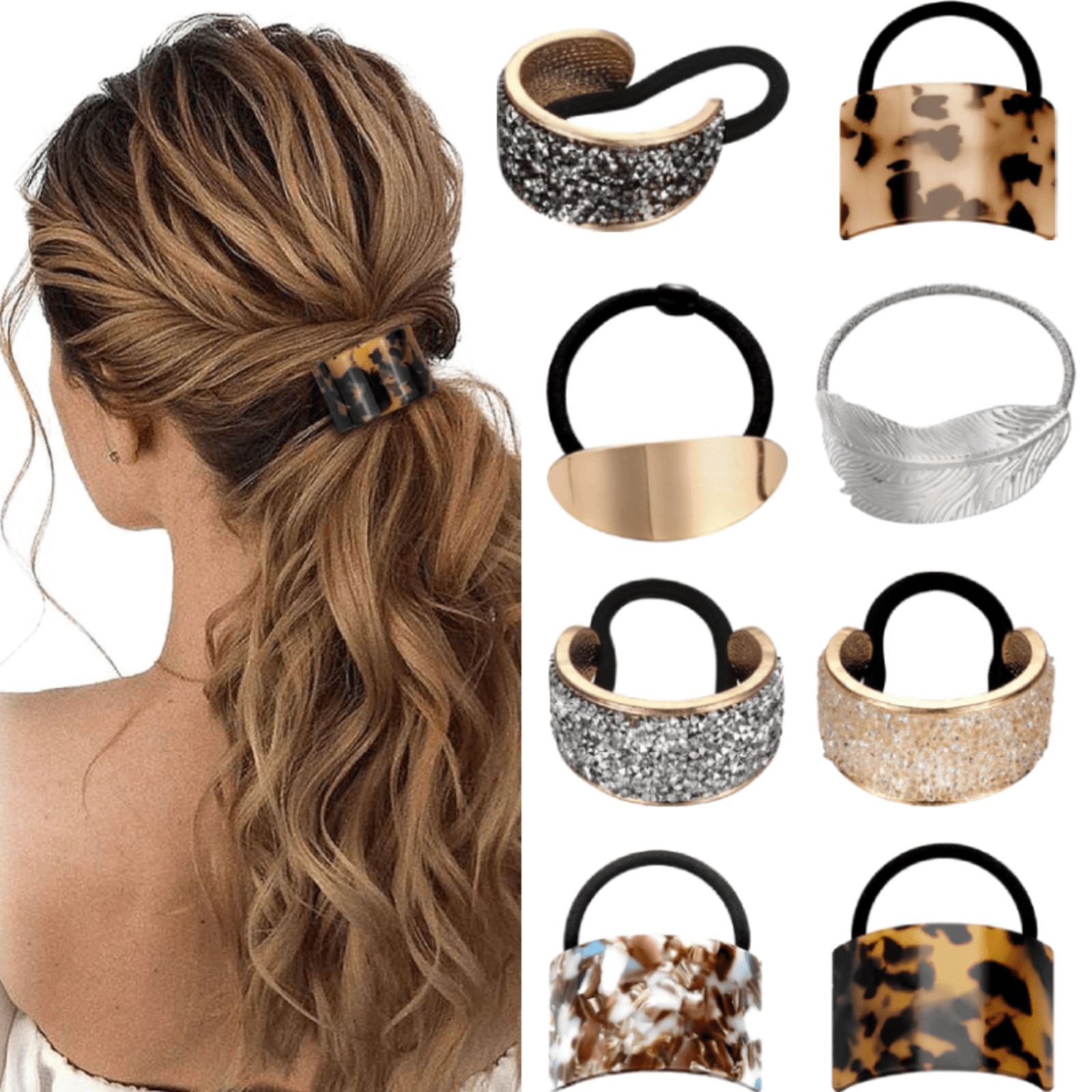 9 Pack Ponytail Hair Cuff Elastic Glitter Rhinestone Metal Women Hair Holders Amazon.com : 9 Pack Ponytail Hair Cuff Metal Rhinestone  main image 3