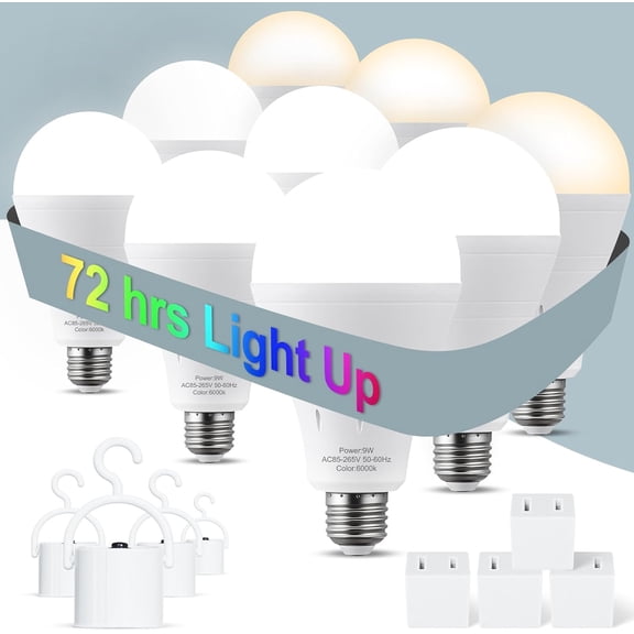 9 Pack Rechargeable Emergency Lights Blubs,Battery Powered Light Bulb 9W 1200mAh 60W Equivalent Battery Backup Light Bulb with Portable Hook for Home Power Failure