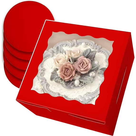 9-Pack Red Bakery Boxes with Windows: Ideal for Weddings, Birthdays, and Parties - 10x10x5 Inches Pastry Boxes for Cookies, Macarons