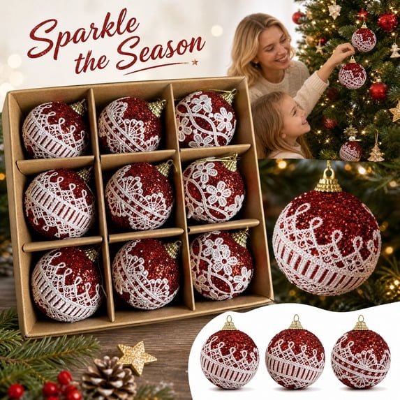 9 Pack Red Christmas Ornaments Set with Glitter Finish and Gold Caps, Festive Tree Decorations for Holiday Home, Christmas Party Decor Christmas Ornaments
