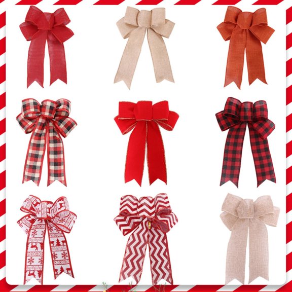 9 Pack Red Wreath Bows For Christmas Outdoor Decorations Striped Ribbons Crafts Xmas Holiday Gifts Present Wrapping