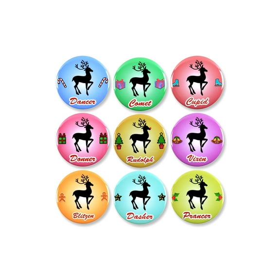 9 Pack - Santa's Reindeer Christmas Collection Pinback Buttons - 2.25 Inch