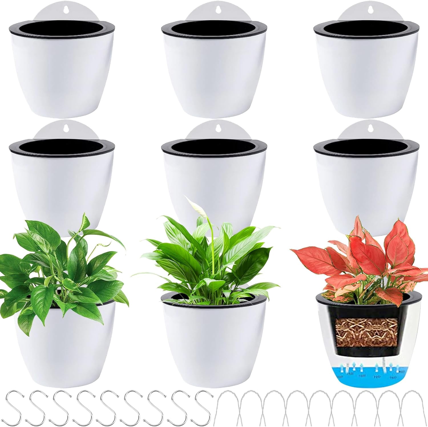 9 Pack Self Watering Wall Hanging Planters Pots for Indoor Plant, 5 Inch White Plastic Lazy Flower Pot with 9 Hooks for Garden Fence, Porch, Wall