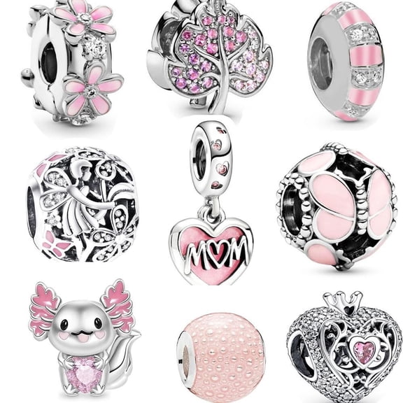 9 Pack Silver Bead Charms for Bracelets and Necklaces Charm for Woman Cubic Zirconias Dangle Pendant Jewelry Beads Set (D)