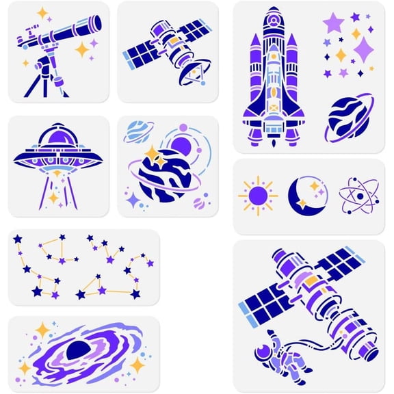 9 Pack Space Universe Planet Craft Stencil for DIY Painting Reusable Plastic Aviation Themed Stencil for DIY Painting on Wall Wood Fabric Canvas DIY Home Decor Craft Stencil