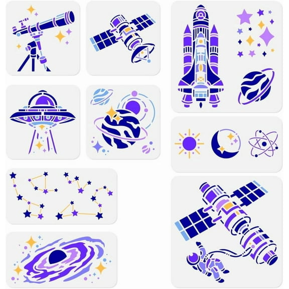 9 Pack Space Universe Planet Craft Stencil for Painting Reusable Plastic Aviation Themed Stencil for Painting on Wall Wood Fabric Canvas DIY Home Decor Craft Stencil Making DIY