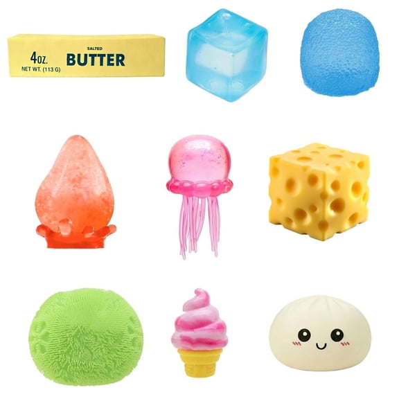 9 Pack Squishy Squeeze Toys, Slow Rising Soft Squishy Set with 9 Different Designs, Random Colors, Stretchy Hand Fidget Set for Desk, Office, and Daily Use