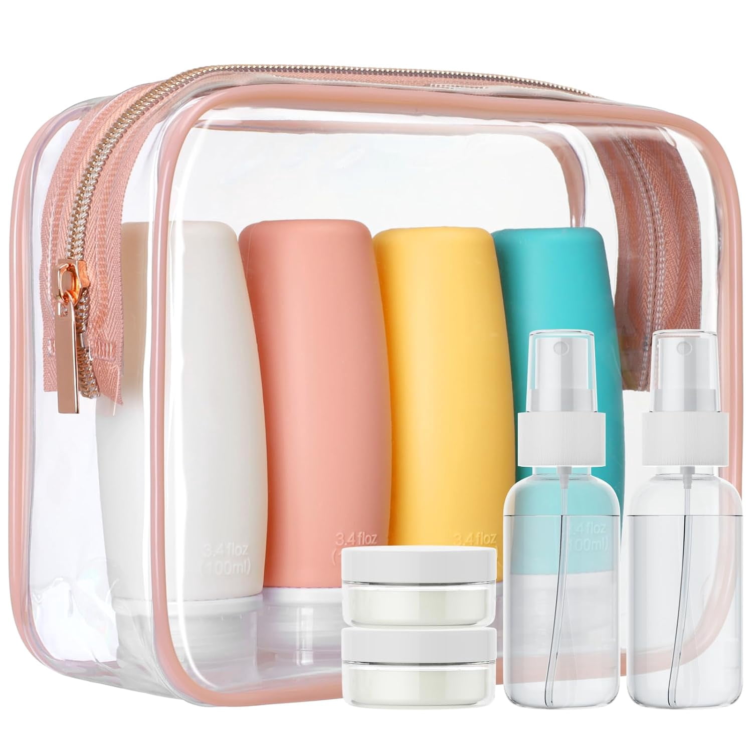9 Pack TSA Approved Toiletry Bag with Bottles - Leakproof 3.4oz Silicone Travel Container Kit for Toiletries, Clear Quart Size Shampoo Conditioner Lotion (BPA Free)