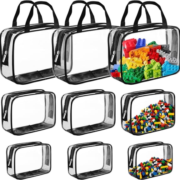 9 Pack Toiletry Storage Bags, PVC Plastic Zipper Pouches with Handle, Waterproof Transparent Makeup Organizer Bag Board Game Puzzle Book Building Blocks