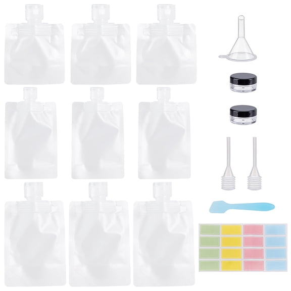 9 Pack Travel Pouches Toiletries Transparent Portable Fluid Packing Bags Refillable Empty Squeeze Pouch with Funnel Hopperropperream Jar