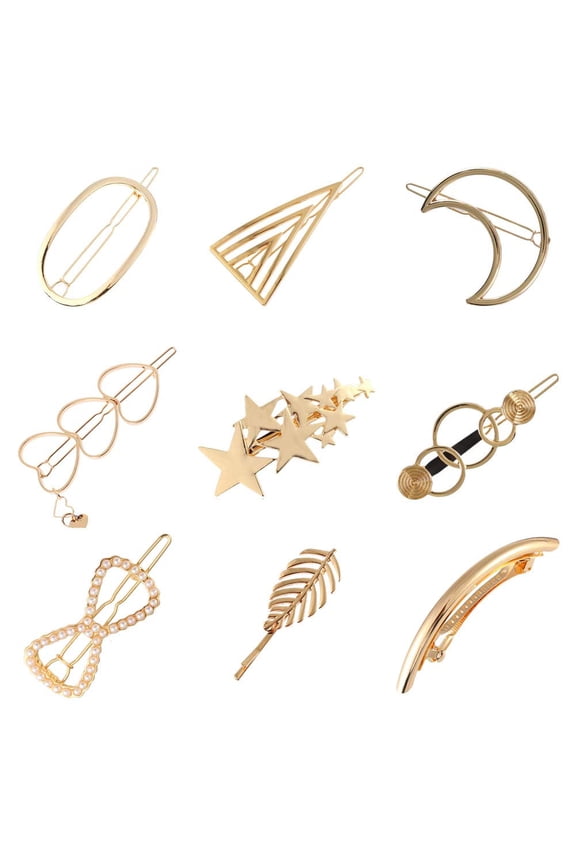 9 Pack Trendy Gold Vintage Retro Geometric Minimalist Metal Hair Clip Snap Barrette Claw Crab Clamp Bobby Pins Alligator Pearl Hairclip Wedding Party Hair Styling Accessories for Women Lady