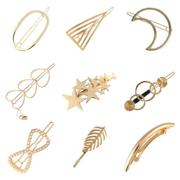 9 Pack Trendy Gold Vintage Retro Geometric Minimalist Metal Hair Clip Snap Barrette Claw Crab Clamp Bobby Pins Alligator Pearl Hairclip Wedding Party Hair Styling Accessories for Women Lady