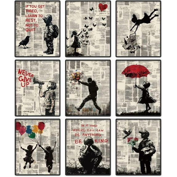 9 Pack Unframed Waterproof Banksy Canvas Wall Art Decor Inspirational Quotes Never Give Up Not to Quit 8 x 10 Inch Canvas Wall Poster for Home Office Classroom Bedroom Living Room Decor White