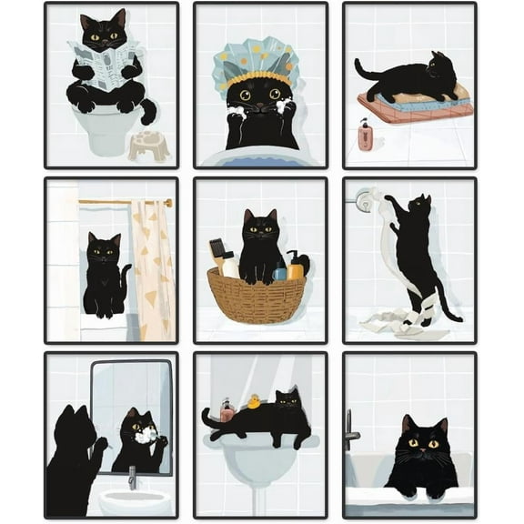 9 Pack Unframed Waterproof Bathroom Black Cat Canvas Wall Art Decors 8 x 10 Inch Cat Canvas Wall Posters DIY
