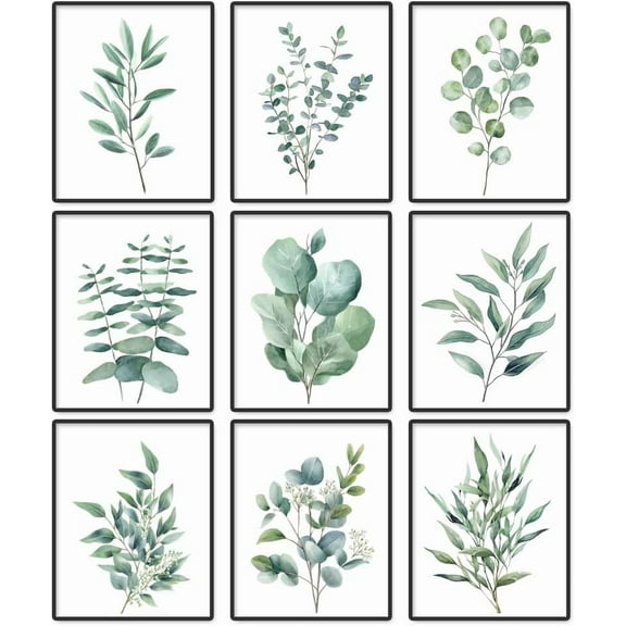 9 Pack Unframed Waterproof Eucalyptus Leaves Canvas Wall Art Decors Leaf 8 x 10 Inch Canvas Wall Posters for Home Office Room Decor Colorful