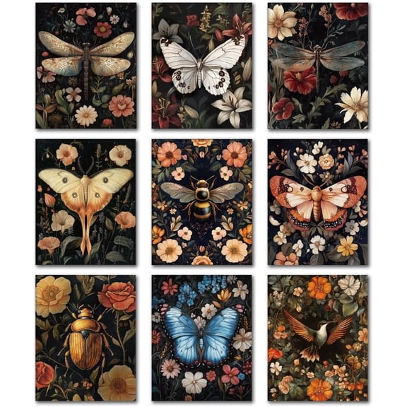 9 Pack Unframed Waterproof Flower and Insect Canvas Wall Art Decors 8 x 10 Inch Butterfly Dragonfly Bee Hummingbird Canvas Wall Posters