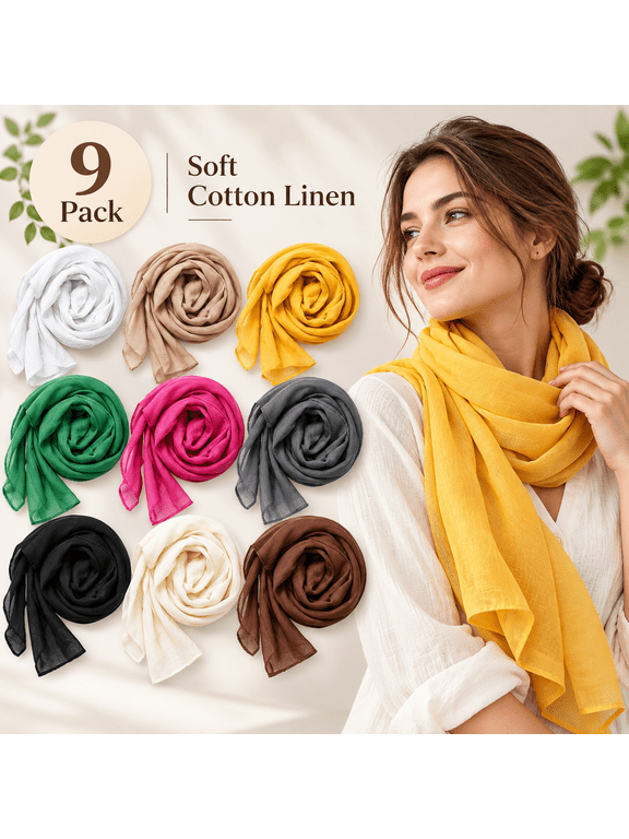 9 Pack Women Cotton Linen Scarf Shawl Wrap, Soft Large Head Scarves, Candy Color Bandana for Daily Wear