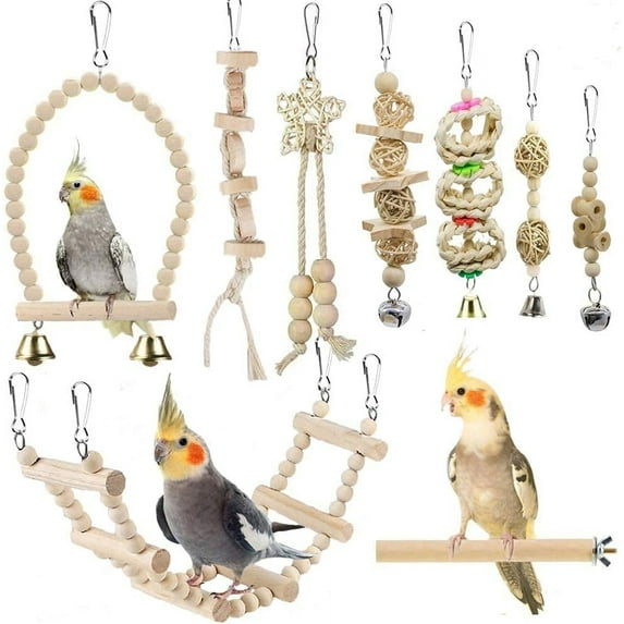 9 Packs Bird Parrot Swing Toys Natural Wood, Chewing Standing Hanging Perch Hammock Climbing Ladder Bird Cage Toys For Budgerigar, Parakeet, Conure, Cockatiel, Mynah, Love Birds, Finches