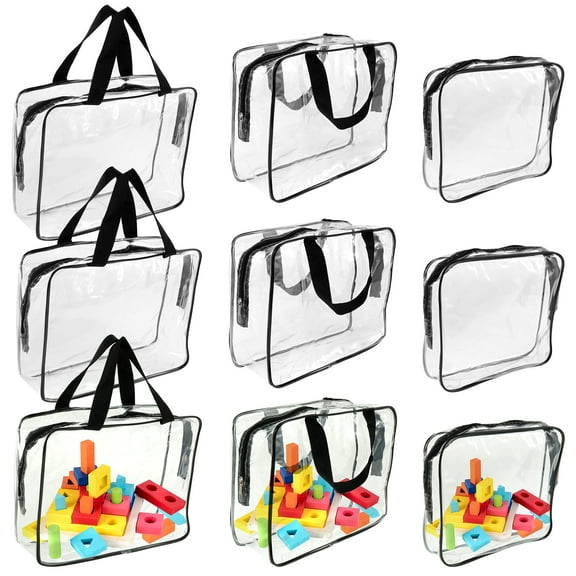9 Packs Clear PVC Toy Storage Bags Include 6 Pcs Large and 3 Pcs Medium Toy Organizer Bags with Labels Portable Handheld Zipper Bags for Organizing Board Game Building Blocks Puzzle Kids Books