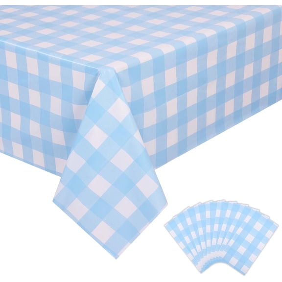9 Packs Light Blue Gingham Tablecloth Pale Blue and White Checkered Tablecloths 54 x 108 Inches Disposable Plastic Gingham Tablecovers Waterproof Rectangle Picnic Table Cover for Birthday Party