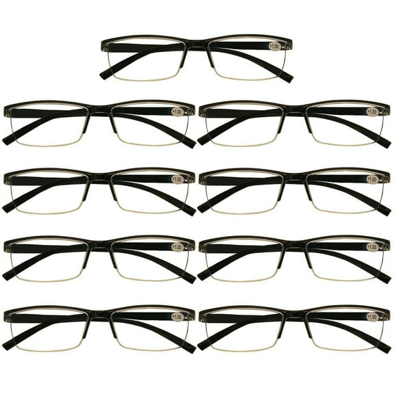 9 Packs Mens Rectangle Half Frame Reading Glasses Blue Light Blocking Black Spring Hinge Readers +1.00