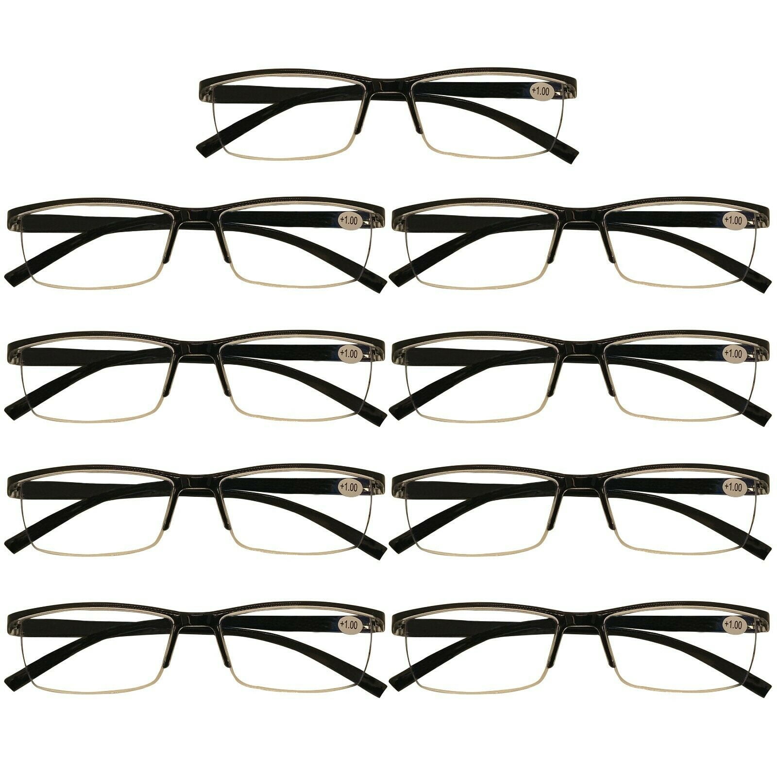 9 Packs Mens Rectangle Half Frame Reading Glasses Blue Light Blocking Black Spring Hinge Readers +1.75