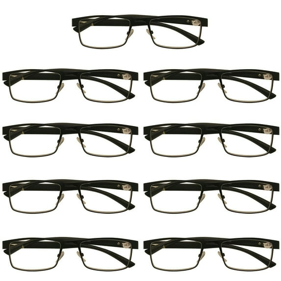 9 Packs Mens Rectangle Metal Frame Reading Glasses Black Spring Hinge Readers +1.75