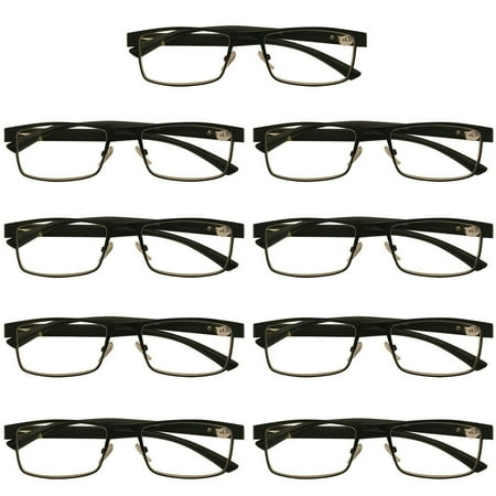 9 Packs Mens Rectangle Metal Frame Reading Glasses Black Spring Hinge Readers +3.50