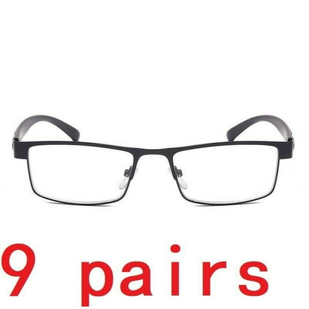 9 Packs Mens Rectangular Classic Metal Frame Reading Glasses Black Spring Hinge Readers +3.50