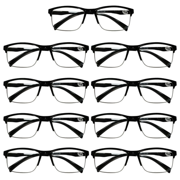 9 Packs Mens Unisex Half Frame Square Reading Glasses Black Spring Hinge Readers  1.00