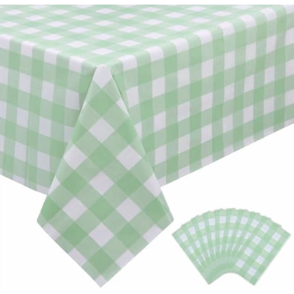 9 Packs Sage Green Gingham Tablecloth Sage Green and White Checkered Table Cloths 54 x 108 Inches Disposable Plastic Gingham Tablecovers Waterproof Picnic Camping Table Covers for Baby Shower